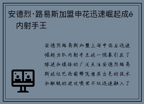 安德烈·路易斯加盟申花迅速崛起成队内射手王 安德烈·路易斯加盟申花迅速崛起成队内射手王